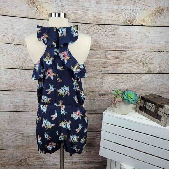 LOFT Short Romper Womens Size XS Navy‎ Blue Floral Ruffle Sleeveless Scoop Neck - Picture 3 of 8